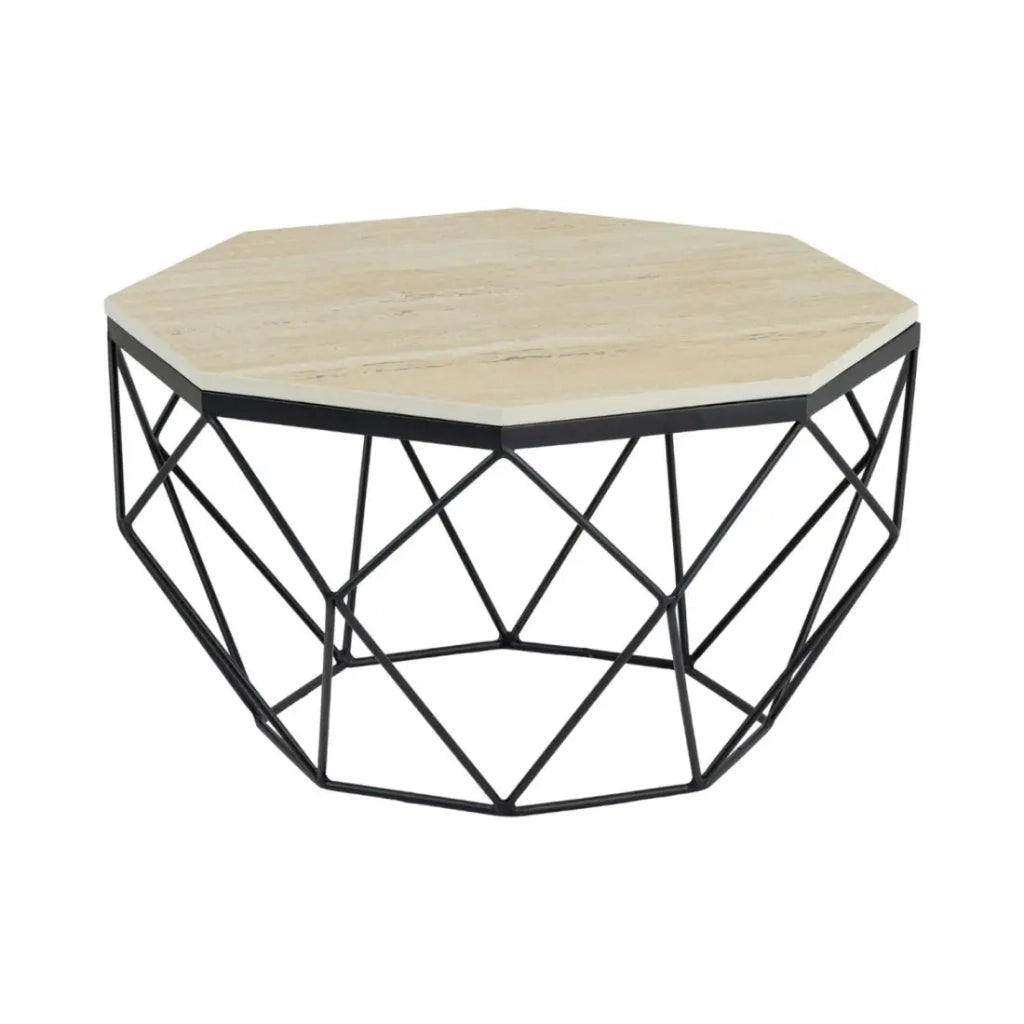 Tavolino basso NEXORA 70 cm in travertino beige e metallo nero design geometrico