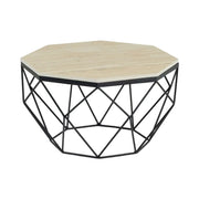 Tavolino basso NEXORA 70 cm in travertino beige e metallo nero design geometrico
