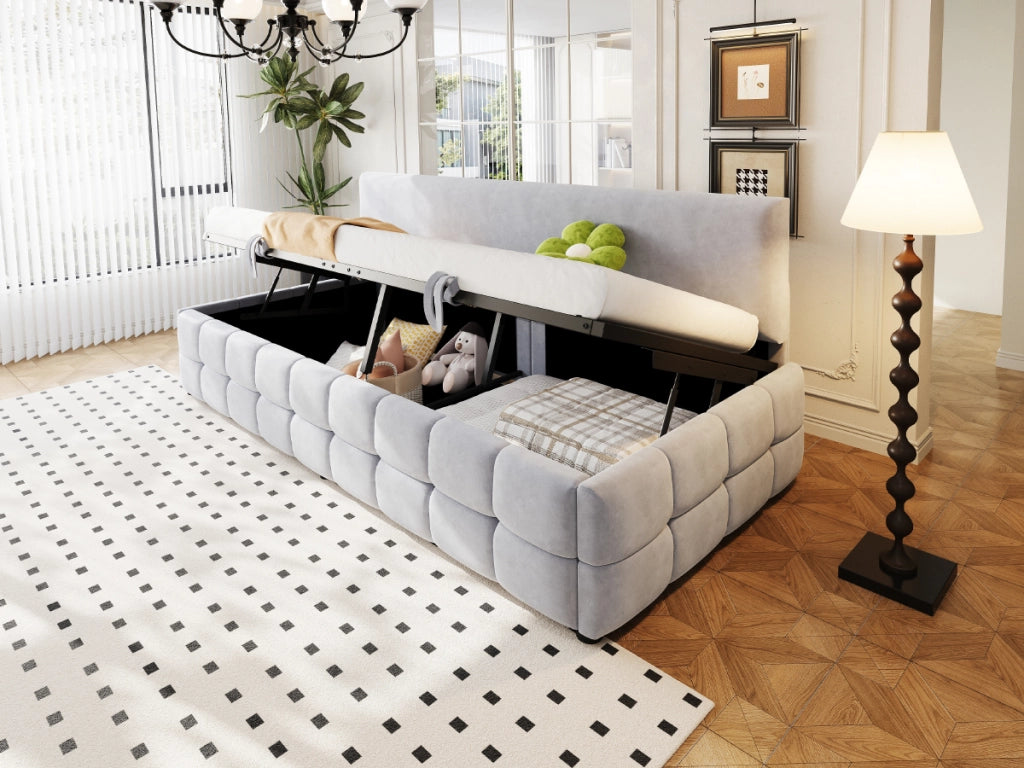 Letto imbottito con vano contenitore idraulico velluto grigio chiaro 90x200 cm
