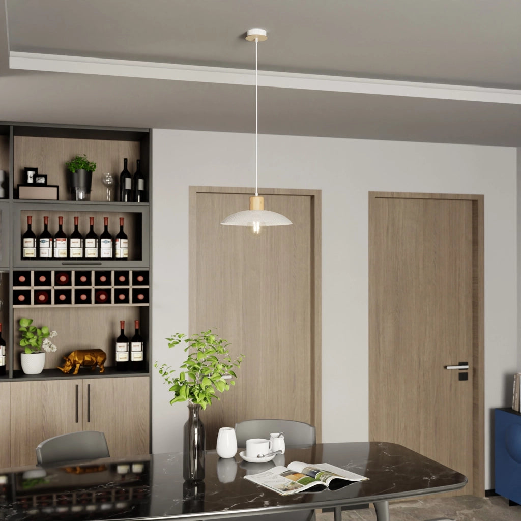Sospensione Nordica Ishtar 1 Luce In Legno E Acciaio Bianco
