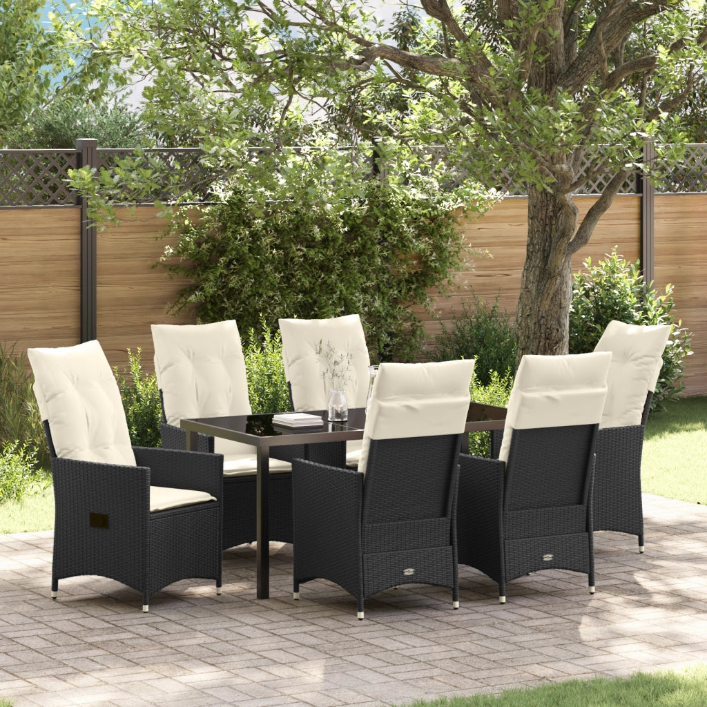 Set da Pranzo da Giardino da 7 Pezzi con Cuscini Nero Rattan Sintetico