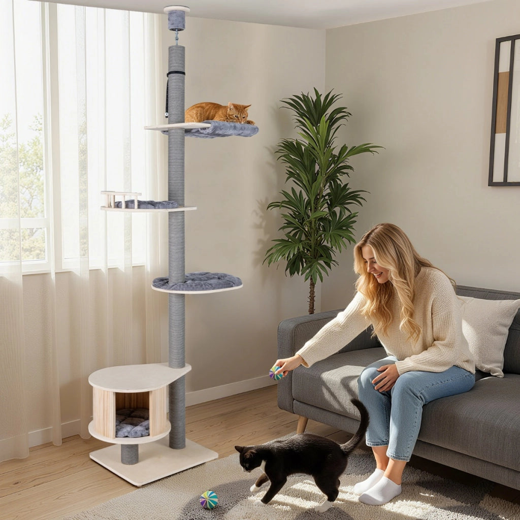 Albero per gatti a soffitto torre per gatti in legno con altezza regolabile, Albero mobili da interno per gatti per arrampicata-Alberi Tiragraffi