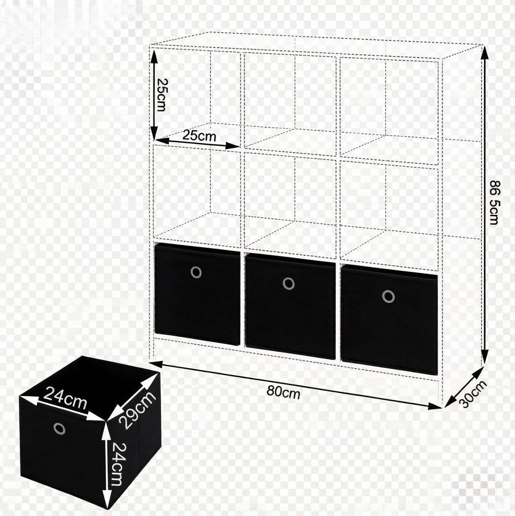 Libreria a cubi con 3 cassetti in tessuto rovere chiaro e nero