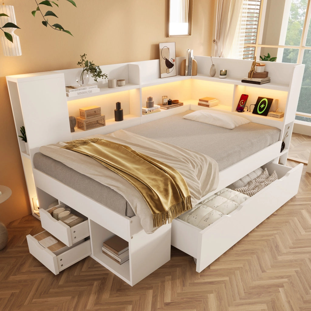 Letto singolo 90x200 cm in legno bianco con LED; USB e Type-C; contenitore e ripiani