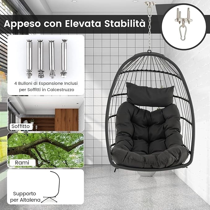 Sedia Sospesa a Uovo, Sedia Amaca con Cuscino per Testa e Seduta, Sedia a Dondolo in Vimini da Interno/Esterno, Design Pieghevole Salvaspazio, Capacità 150 kg