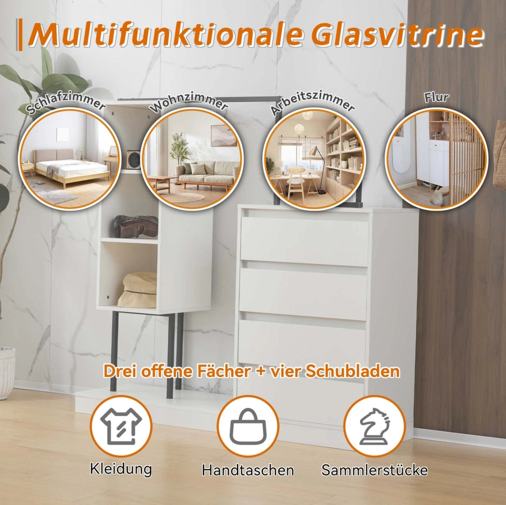 Armadio multiuso con cassetti; ripiani aperti e barra appendiabiti 140x40x135 cm bianco