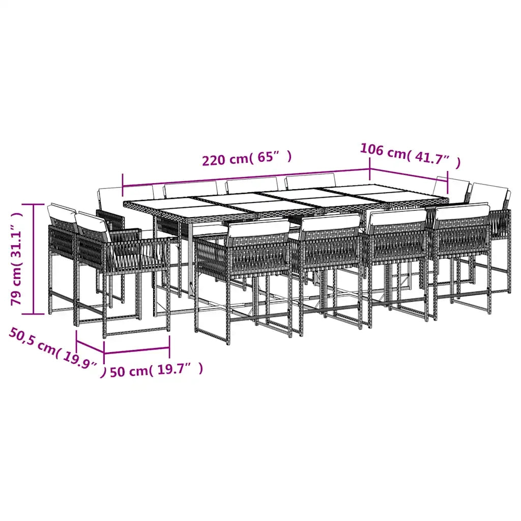 Set da Pranzo da Giardino 13pz con Cuscini Grigio in Polyrattan
