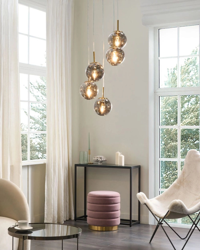 Plafoniera in vetro trasparente e ottone con 5 luci 119 cm soggiorno stile moderno contemporaneo
