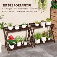 Set 2 Portapiante a 2 Livelli con Design a Doghe in Legno di Abete, 73x36x64 cm, Marrone Bruciato