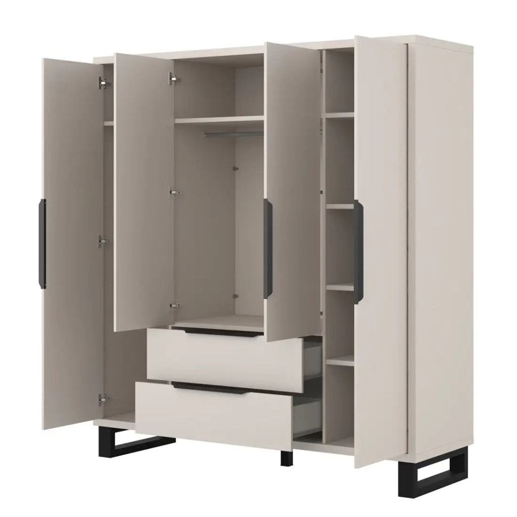 Armadio MILOS 4 porte cachemire con 2 cassetti e maniglie in metallo 191 cm
