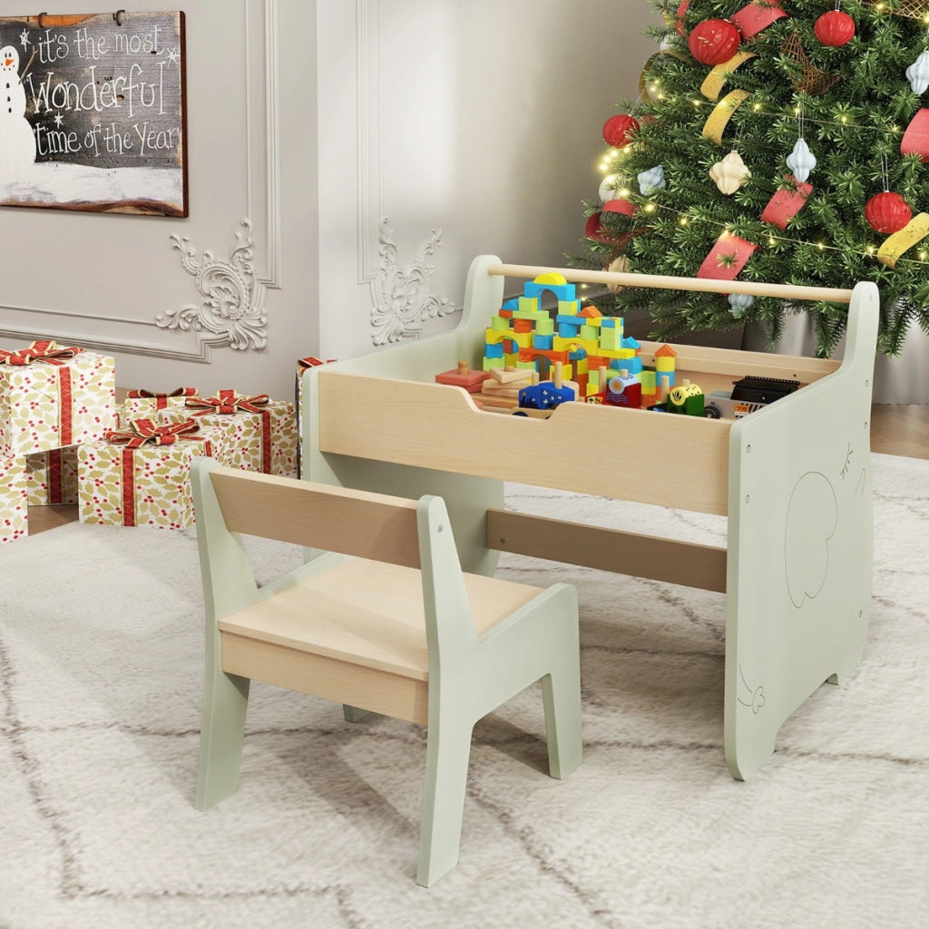 Set tavolo e sedia per bambini con piano rimovibile 2-in-1-Set scrivania in legno con spazio di archiviazione Verde