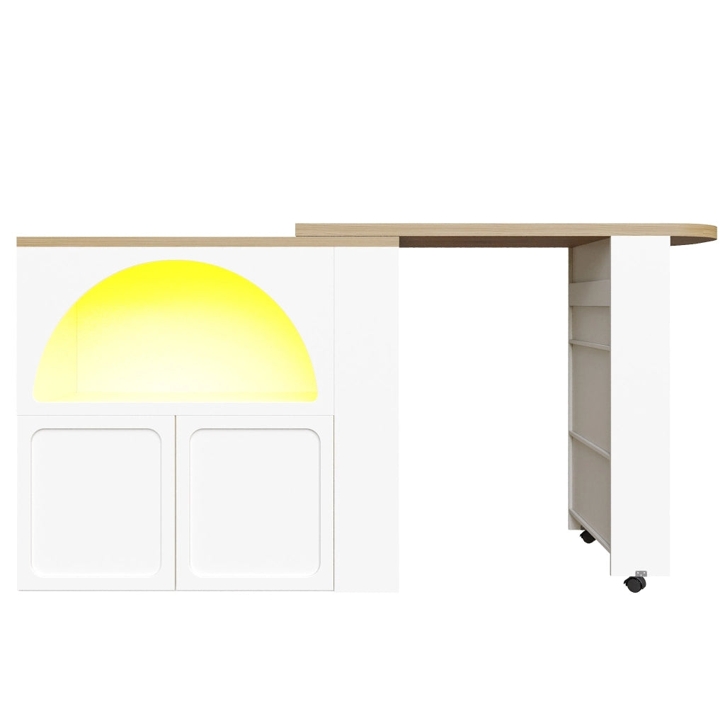 Tavolo bar estensibile mobile con LED e USB 135-205x39x100 cm in MDF bianco