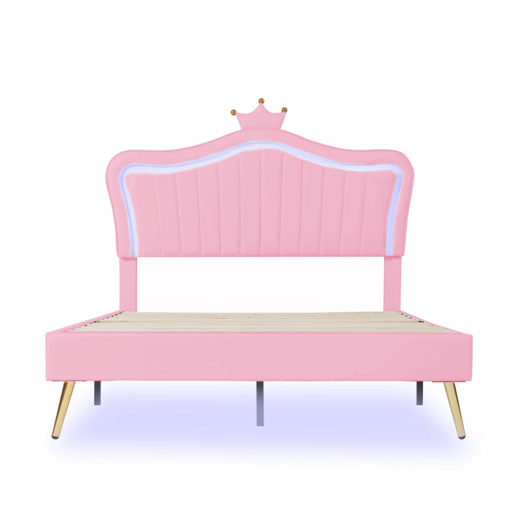 Letto per bambini imbottito 140x200 cm; testiera a conchiglia con LED; similpelle rosa (Senza materasso)