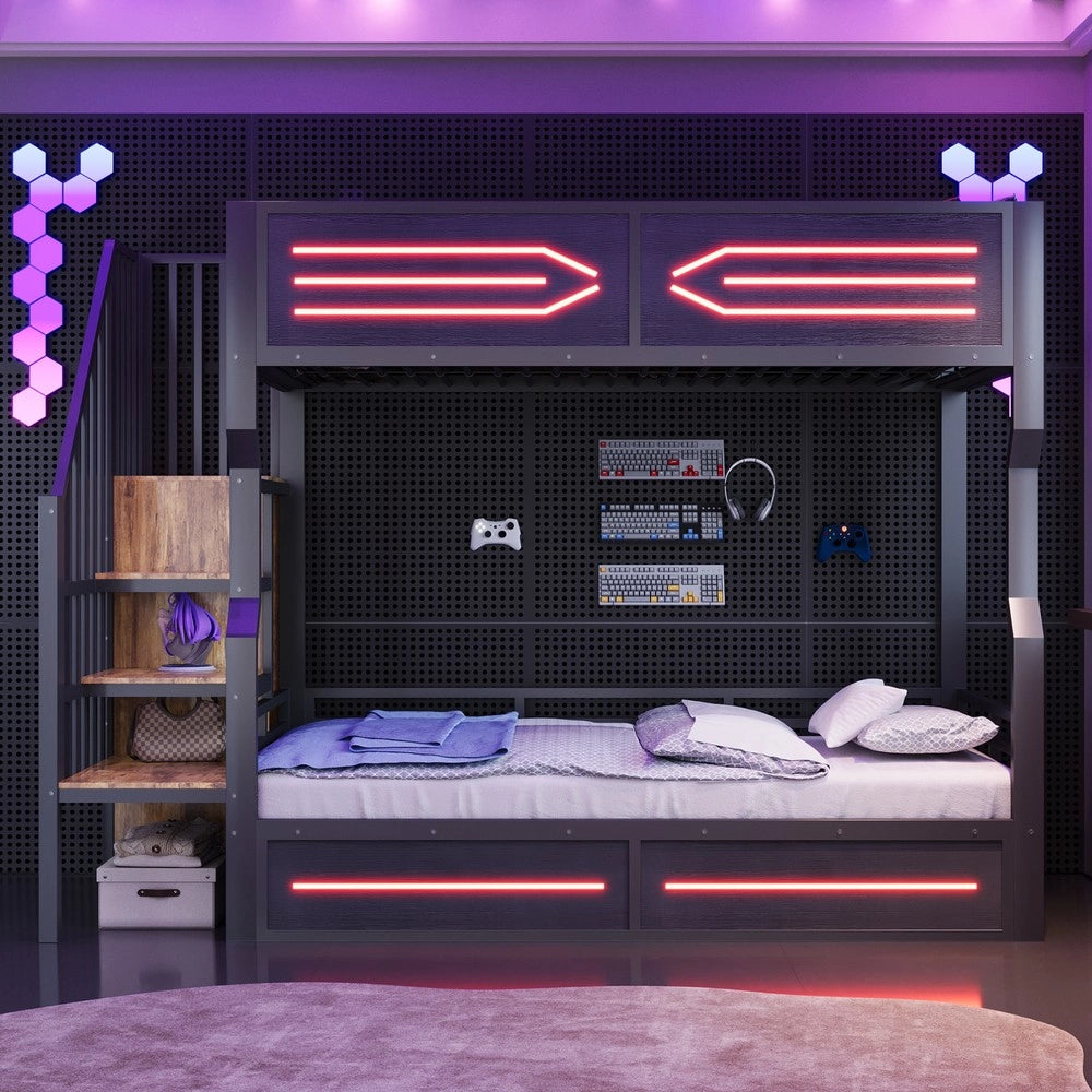 Letto a Soppalco con Cassetti, LED e Scala ¨C Xylo ¨C Nero 90x200