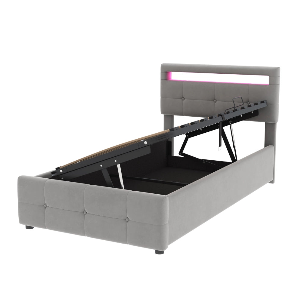 Letto imbottito 90x200 cm con LED e contenitore; velluto grigio (Senza materasso)