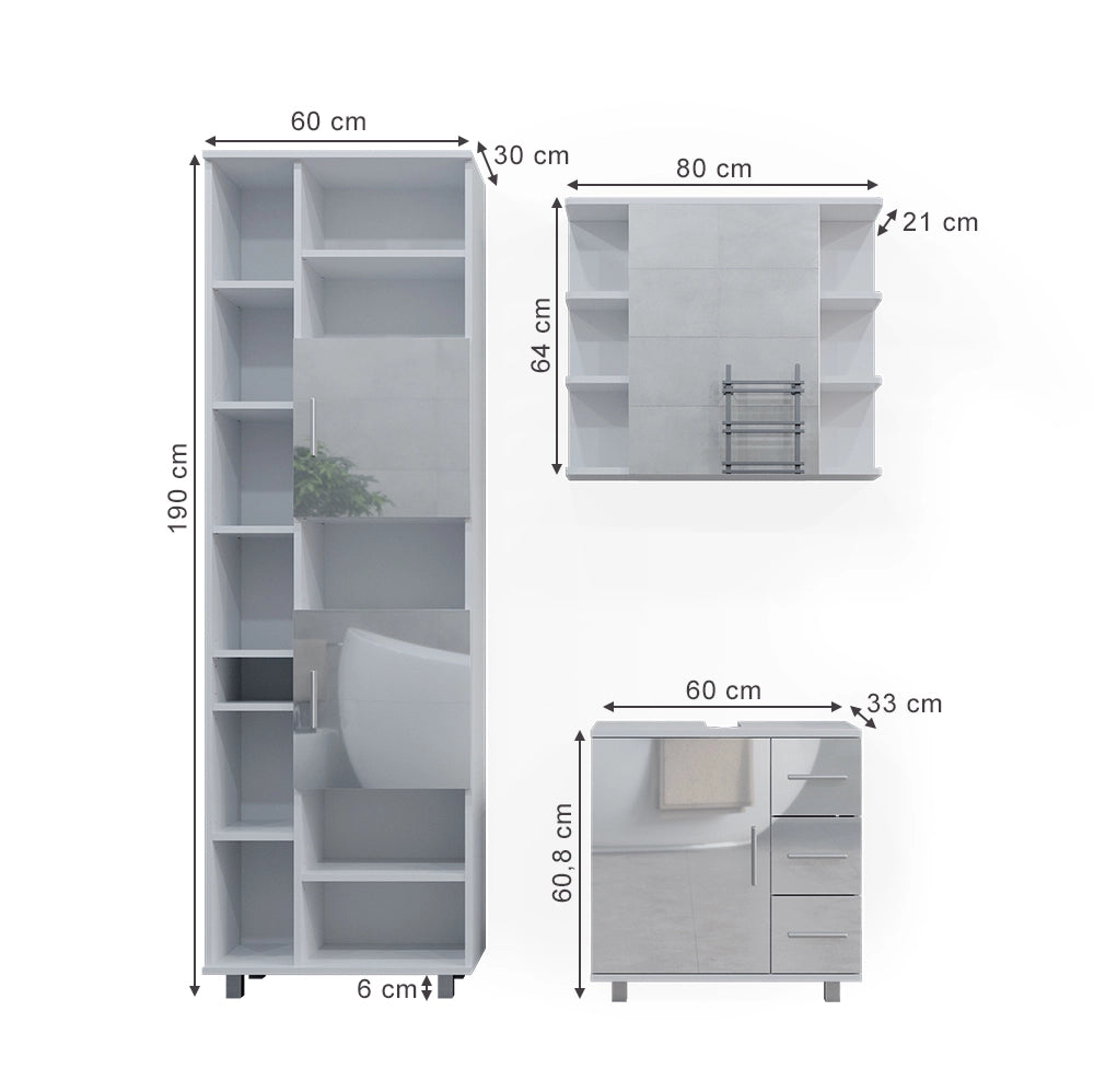Vicco Set mobili bagno Bianco lucido 3 parti, con armadio alto