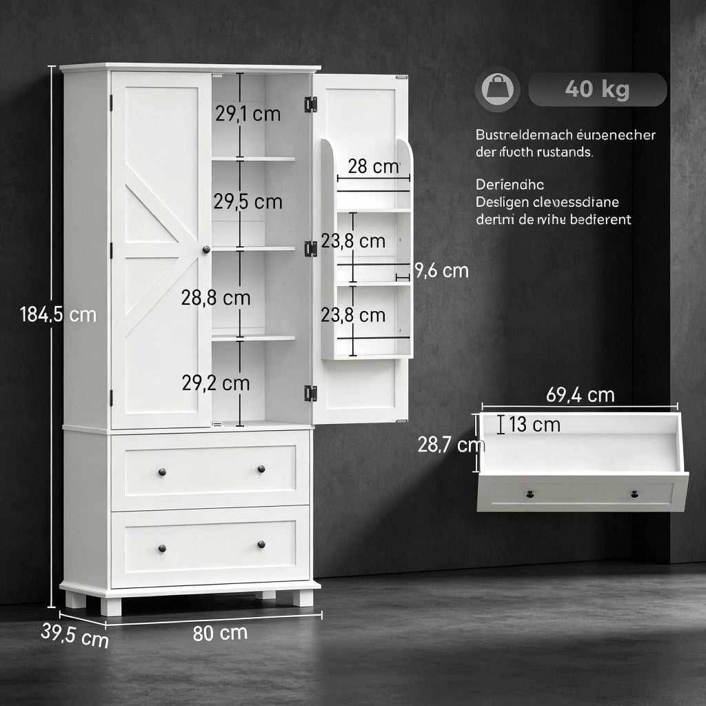 Credenza alta da cucina con 2 ante, 2 cassetti, 6 vani e ripiani regolabili, per cucina e sala da pranzo, bianco