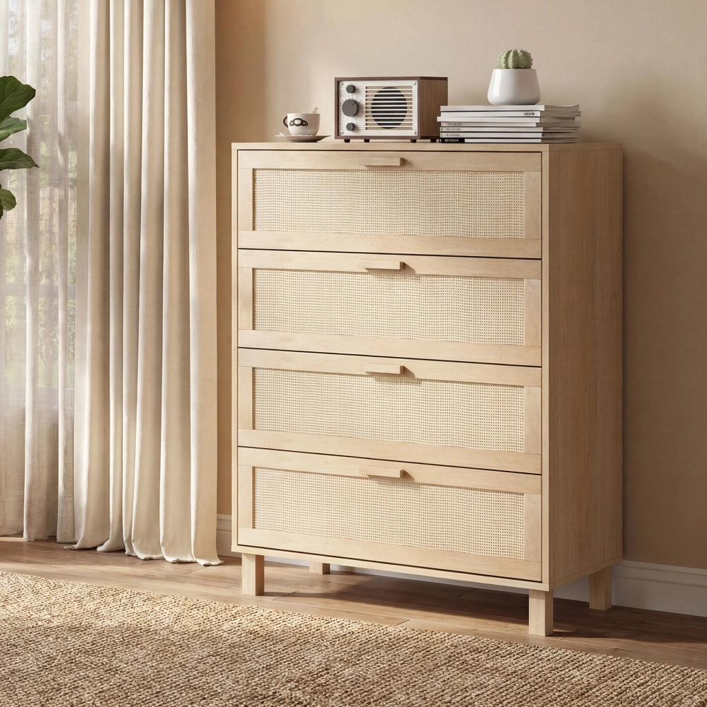 Cassettiera 4 Cassetti in Rattan ¨C zephmum ¨C 80x40x103 cm MDF Effetto Legno Chiaro