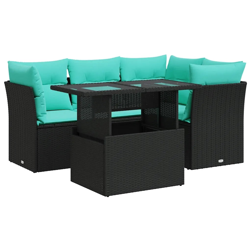 Set Divani da Giardino 5 pz con Cuscini Nero Polyrattan Acacia