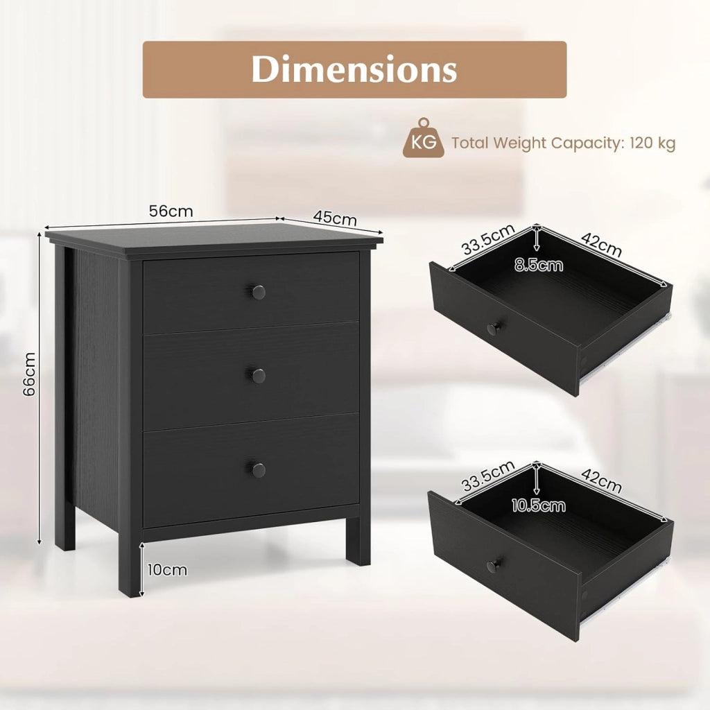 Comodino nero, credenza piccola con 3 cassetti, cassettiera indipendente, cassettiera moderna in legno, 56 x 45 x 66 cm
