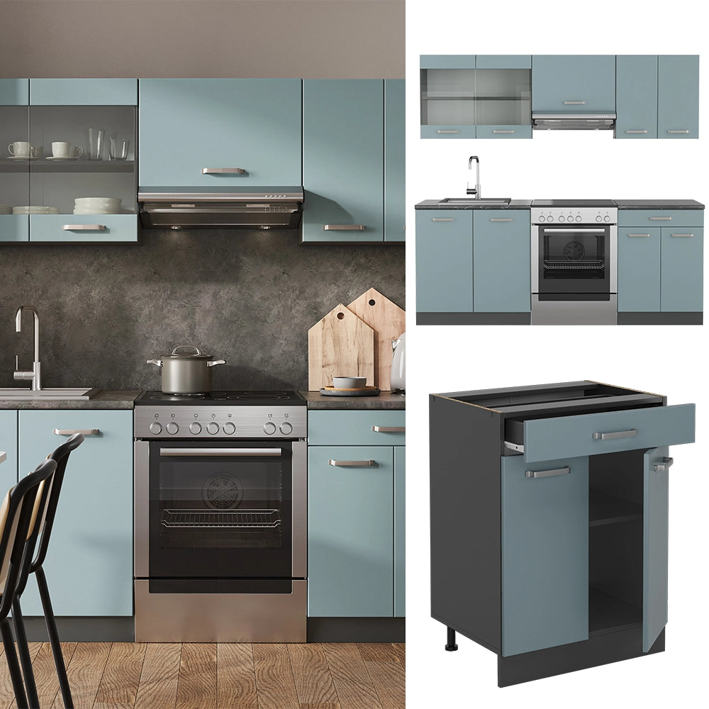 Vicco Cucina componibile Blu-grigio/antracite 200 cm Senza piano di lavoro