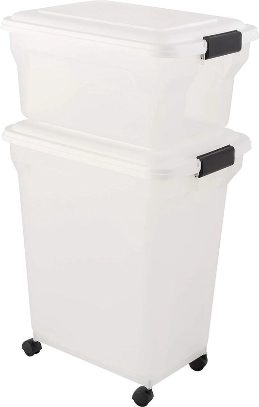 Contenitore per Crostini in Plastica con Apertura per Alimentazione Aria Imprigionata Senza BPA - Ruote e Cucchiaio - 34x46x56 cm - Per Cani e Gatti - Bianco