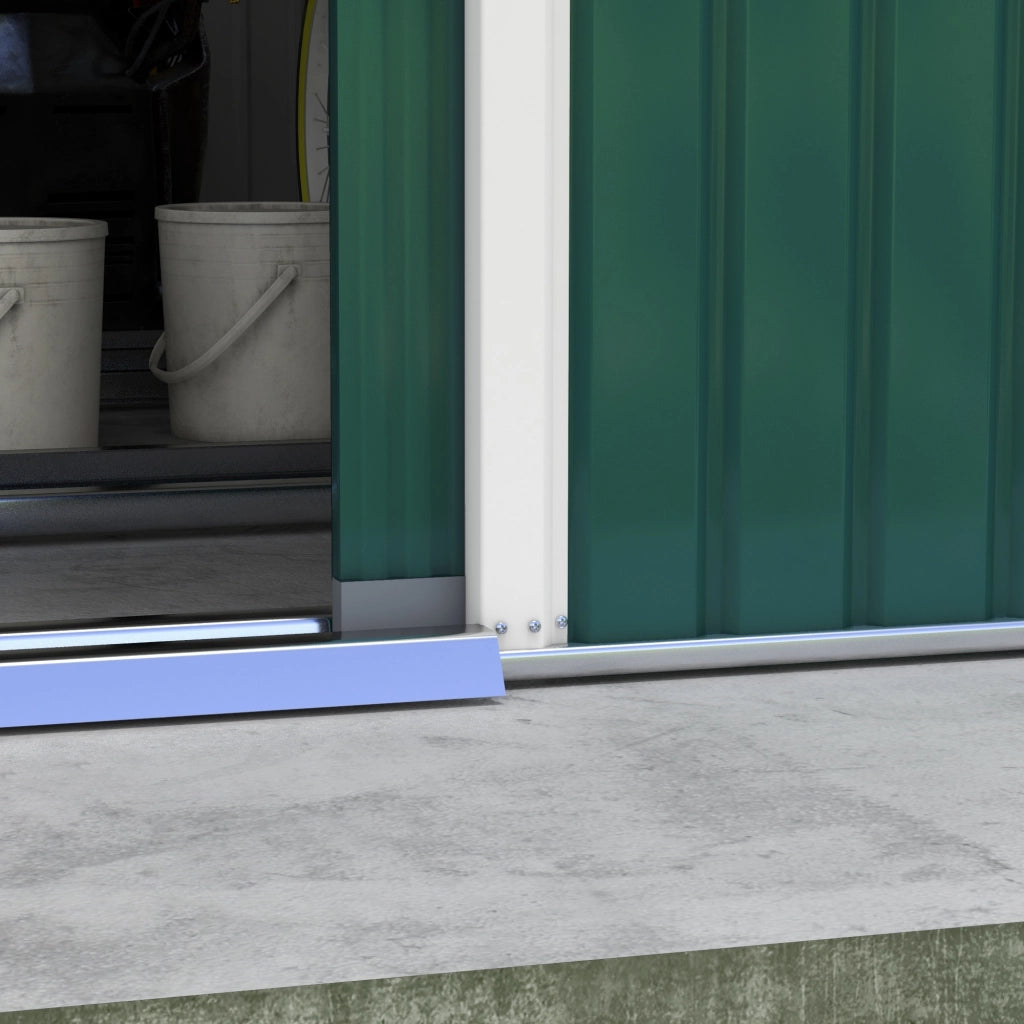 Casetta da giardino in acciaio 340 x 386 x 200 cm con porte scorrevoli e base zincata, verde scuro