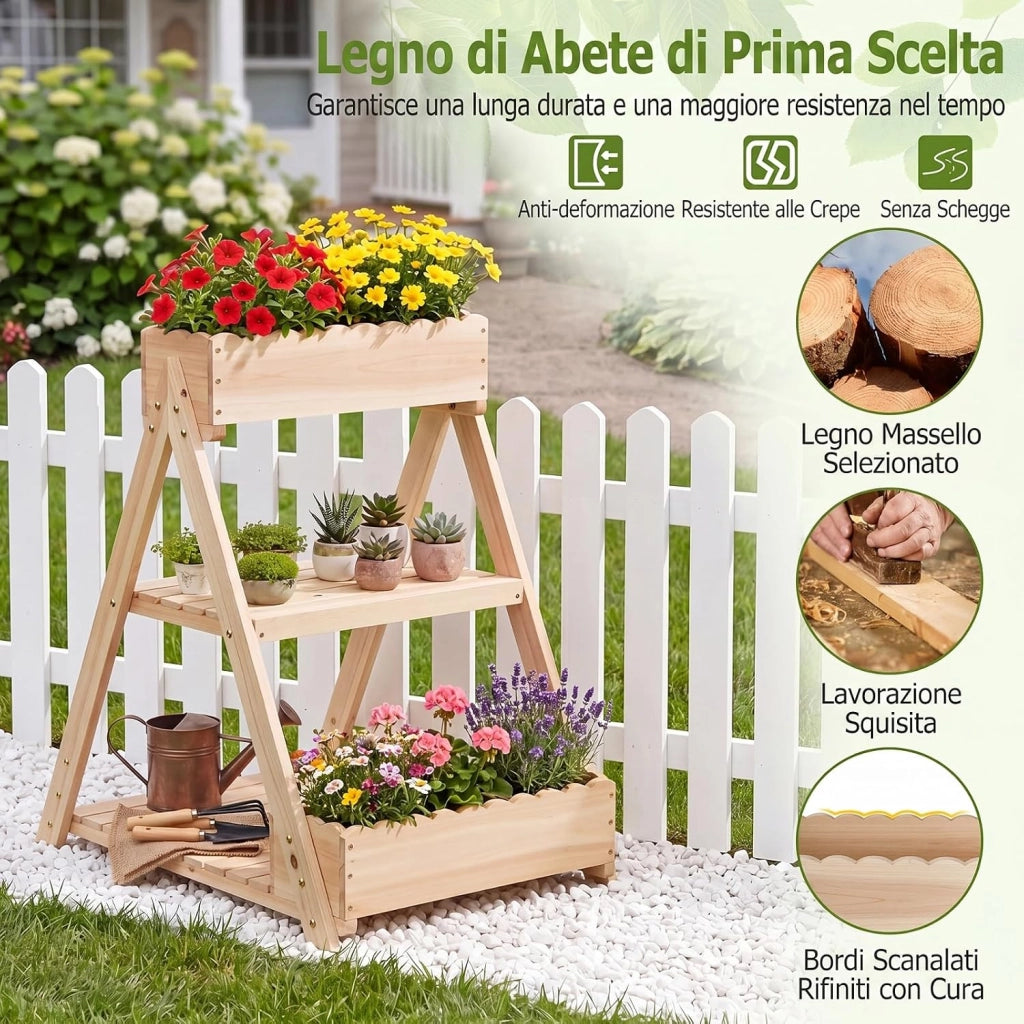 Orto Rialzato da Giardino a 3 Livelli, Fioriera Rialzata in Legno Massello con 3 Vasi e 2 Ripiani, Fioriere Verticali a Scale da Esterno e Interno per Balcone e Terrazza, 66 x 58 x 60 cm