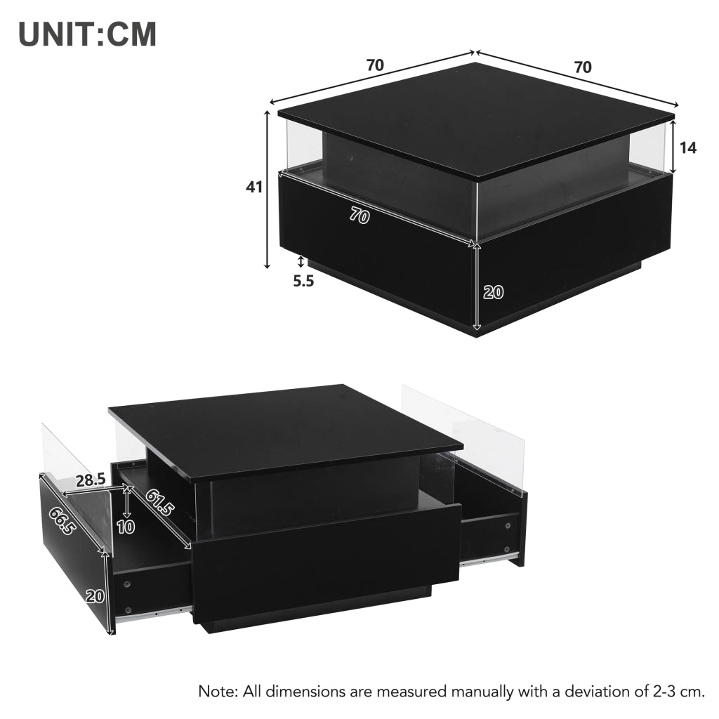 Tavolino basso con 2 cassetti, LED e vano espositivo trasparente per soggiorno, in pannello truciolare, nero, 70 × 70 × 41 cm