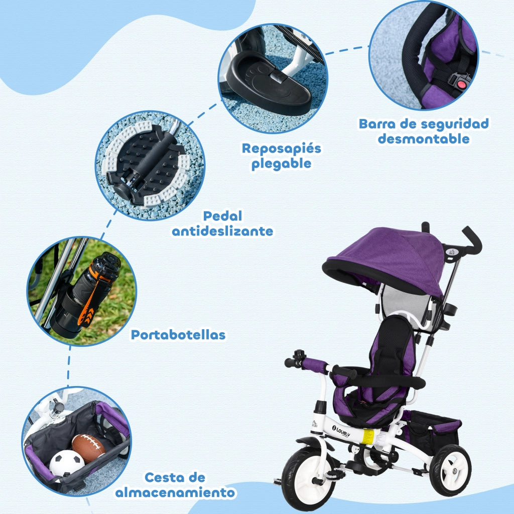 Triciclo per Bambini con Seggiolino e Cinturone di Sicurezza ¨C Zephmum ¨C Viola