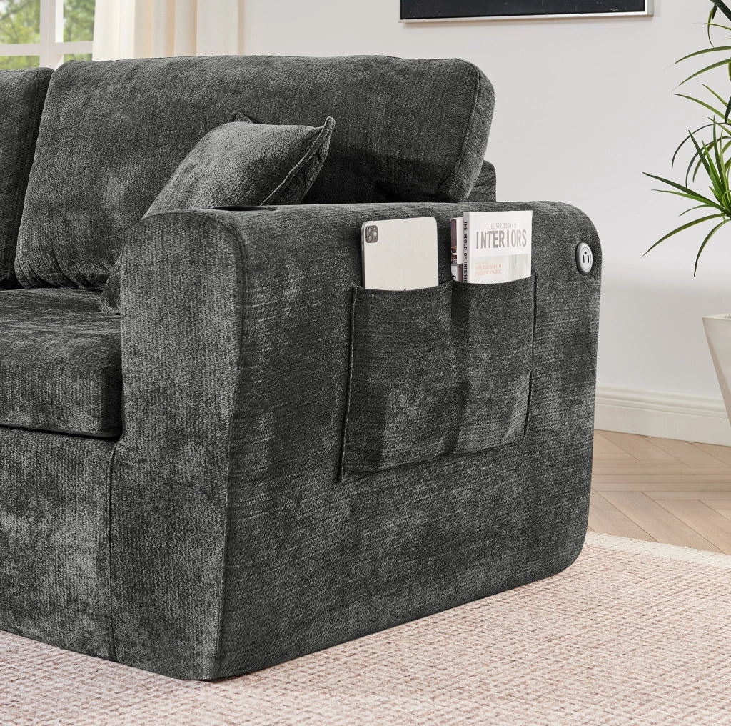 Divano relax a 2 posti in chenille con USB; tasche laterali e portabicchieri; nero 220x100x89 cm