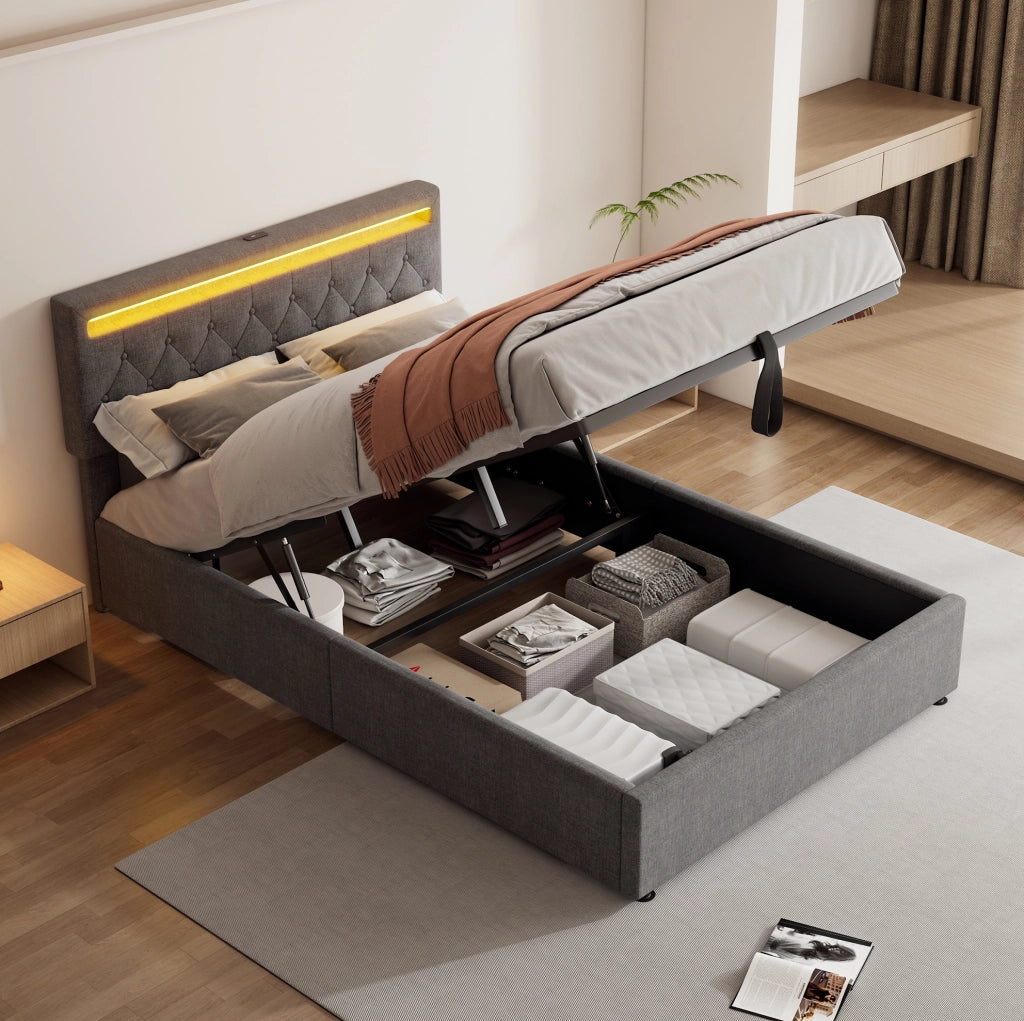 Letto imbottito 140x200 cm con contenitore; LED APP; USB e Type-C; lino e MDF; grigio