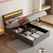 Letto imbottito 140x200 cm con contenitore; LED APP; USB e Type-C; lino e MDF; grigio