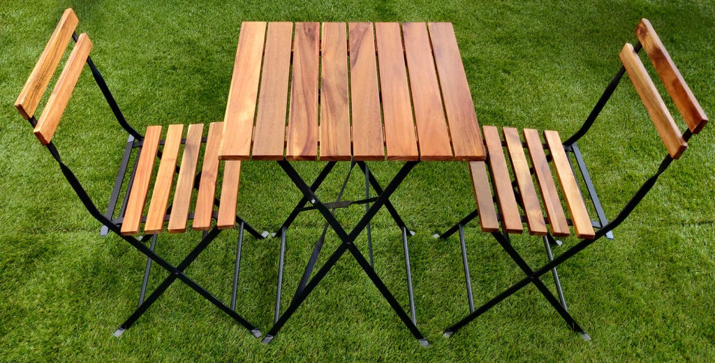 Set Tavolo e 2 Sedie da Giardino Pieghevoli Bistrò in Ferro e Legno di Acacia