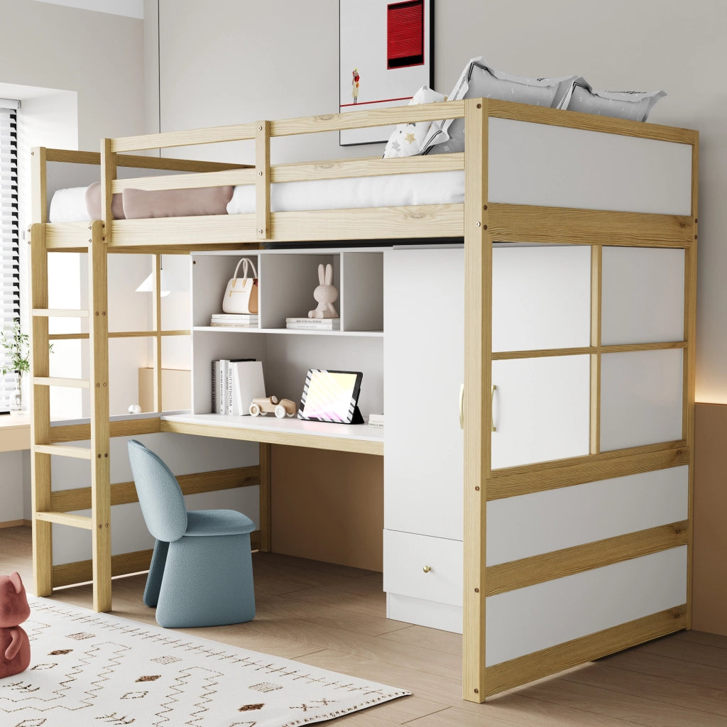 LETTO A SOPPALCO 90 x 200 cm con scrivania, armadio e cassetti, legno naturale