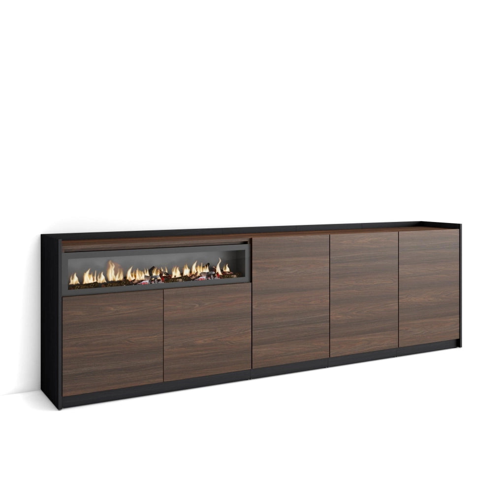 Credenza, Mobile, Cucina, 260x80x37 cm, 5 Porte, Camino elettrico, Rovere scuro e Nero