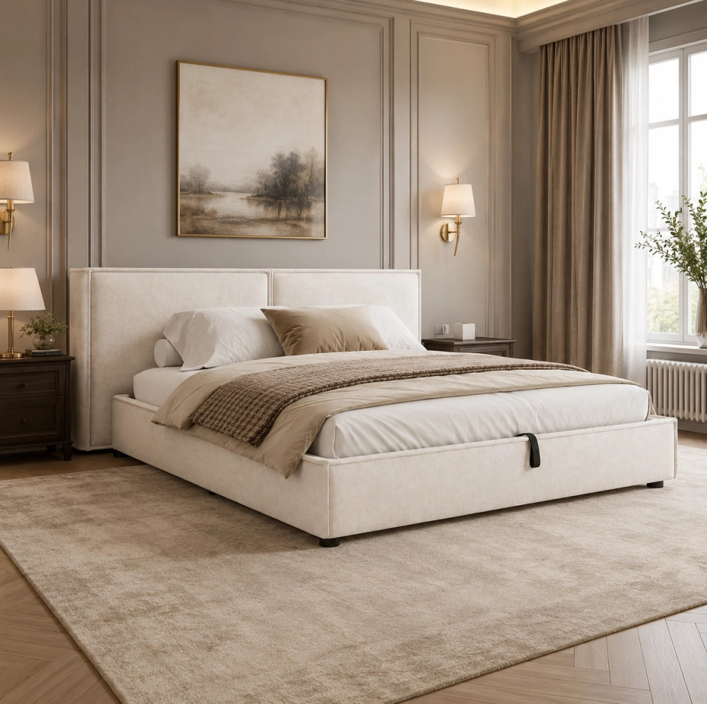 Letto matrimoniale 180x200 cm con contenitore idraulico; testiera imbottita in chenille beige