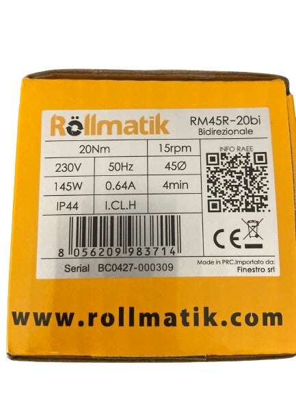 Motore per tapparelle con finecorsa elettronici radiocomandato bidirezionale. Portata 20Nm - 40Kg