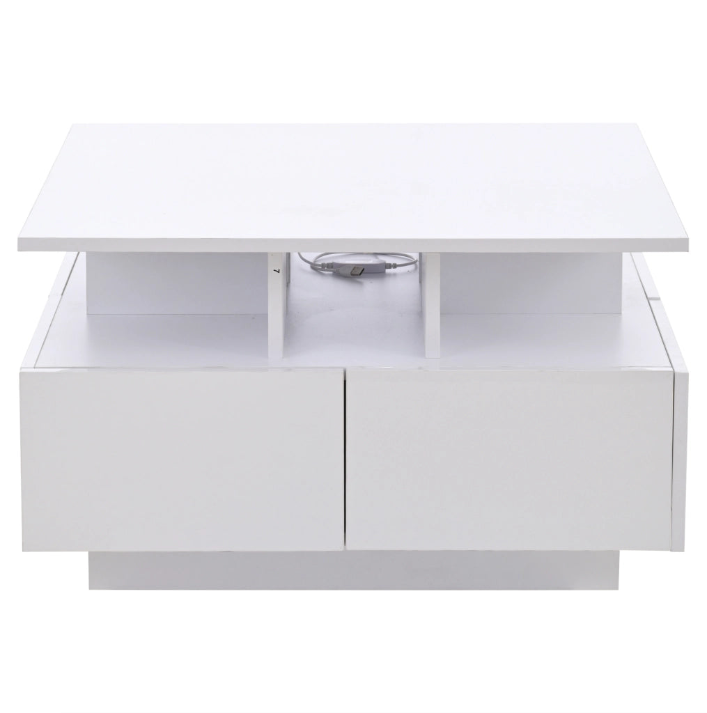 Tavolino da caff猫 70x70x40 cm; 4 cassetti con LED controllato da app; pannello truciolare bianco