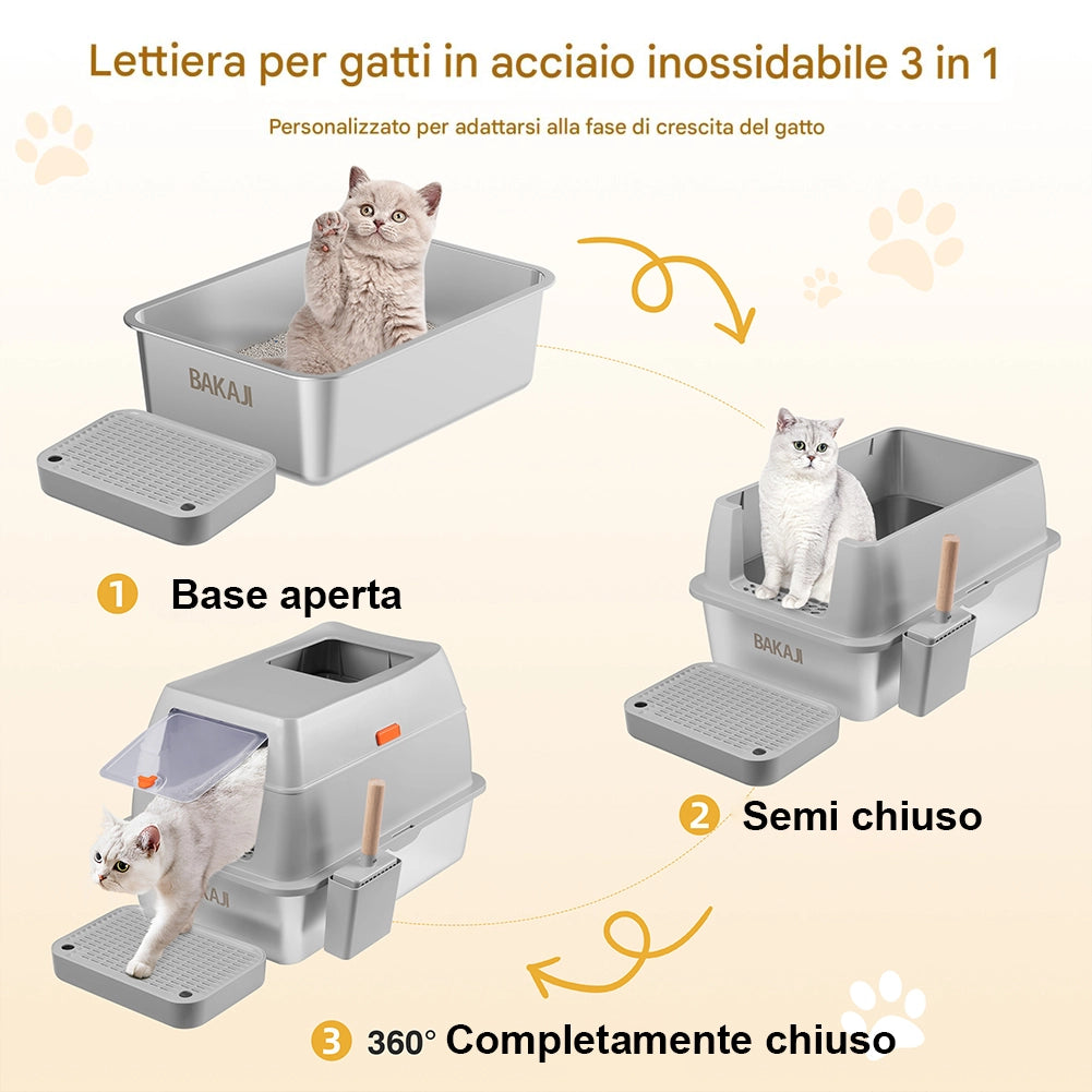 Lettiera per Gatti in Acciaio 35L Sportello Paletta e Pedana Anti Sabbiolina