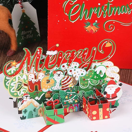 Nuove cartoline 3D di Natale rosse, albero di Natale, graziosa scultura di carta con piccolo pinguino e biglietti di auguri manoscritti (due pezzi)