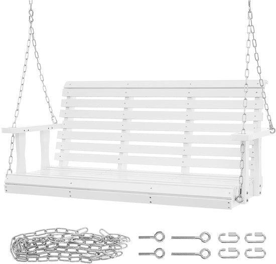 Pendolo in Legno per Giardino, 137cm, Bancopiazza Schienale, Capacità di Sostegno Migliorata a 400kg, Pendolo in Plastica per Esterno con Catene con Bloccaggio, Bianco