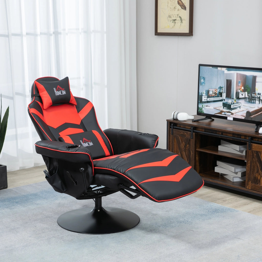 Sedia da Gaming Massaggiante con Poggiapiedi e Cuscino, in Finta Pelle, 78x80x111.5 cm, Nero e Rosso
