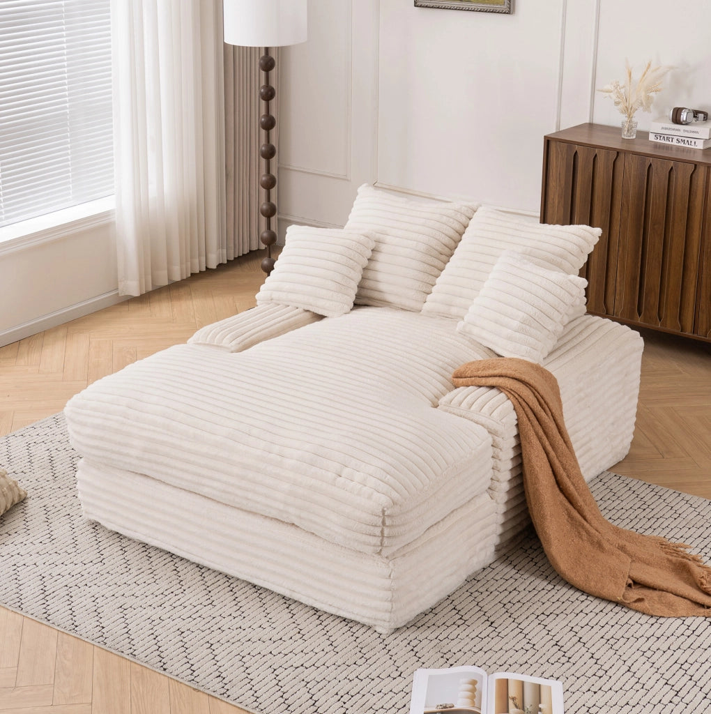 Chaise longue in velluto a coste beige con 4 cuscini