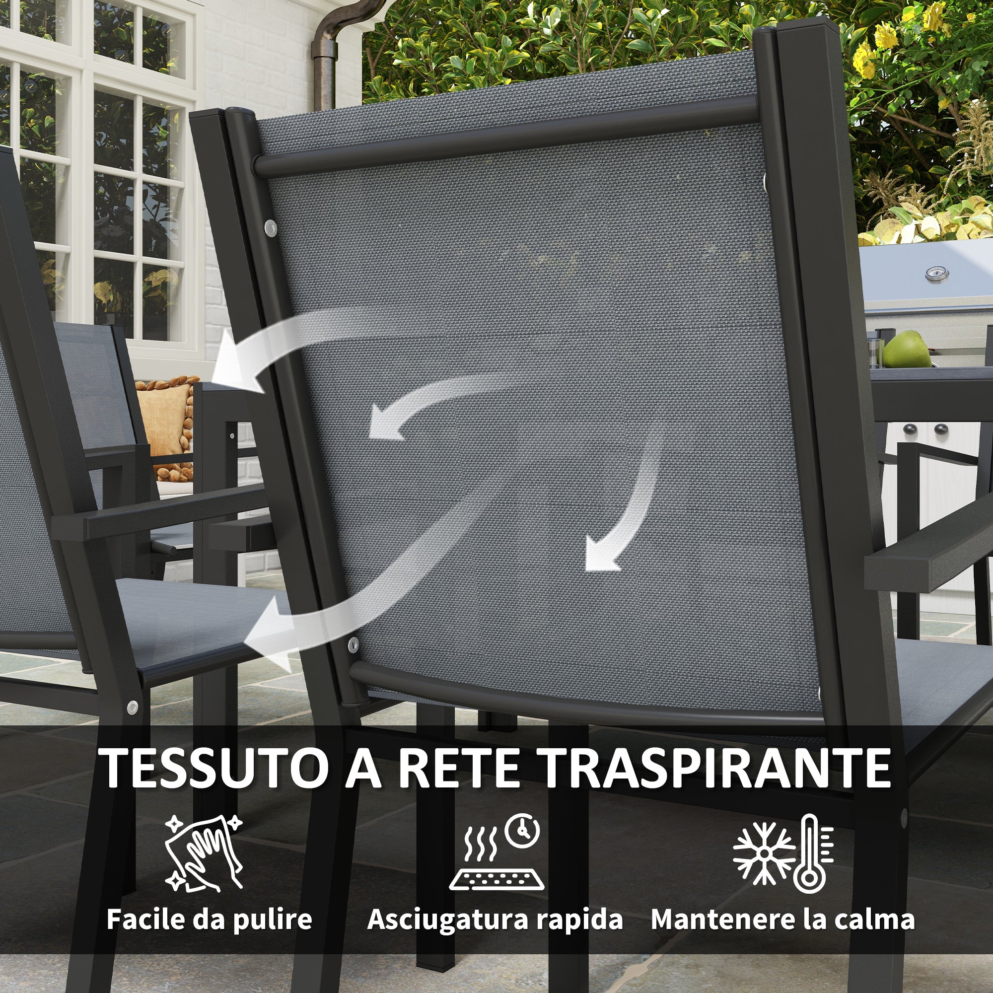 Set da Giardino con 6 Sedie Impilabili e Tavolo da Pranzo Rettangolare Grigio Chiaro