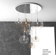 SOSP. BIANCO TONDA 8 LUCI VETRI (1 GRANDE TR+1 MEDIO AM+1 MEDIO TR +5 PICCOLO (3 X AM+2 X TR)) 1155BI-S8 TMIX-TA