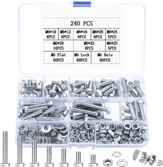 Set di viti M6 a 6 facce - 240 pezzi - con viti, viti a mozzo, anelli di chiusura - assortimento - in acciaio inossidabile di alta qualità