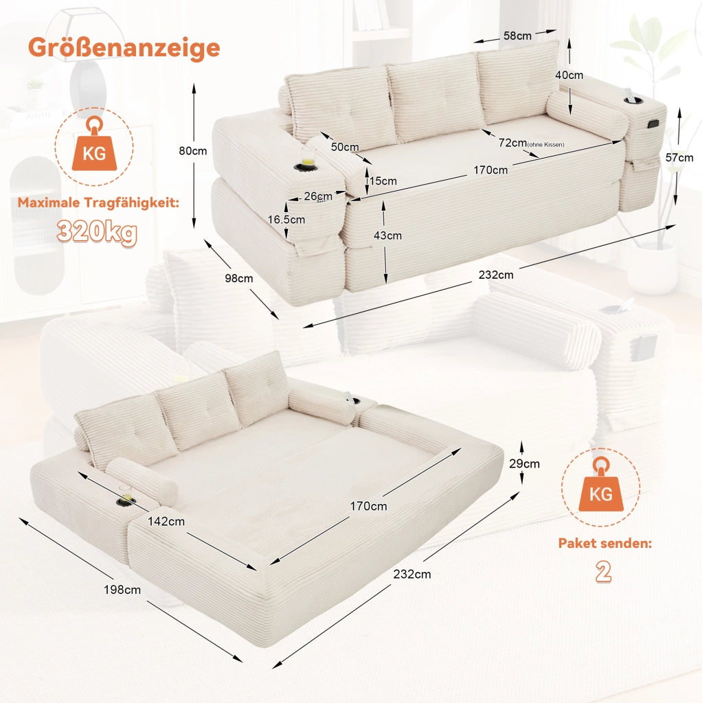 Divano letto 3 posti beige, pieghevole con tasche e portabicchiere, tessuto a coste