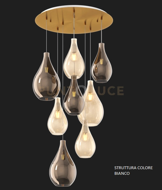 SOSP. BIANCO 8 LUCI TONDA VETRI (5 PICCOLI (2XAM+3XBR)+3 MEDI (1XAM+2XBR)) 1193BI-S8 TMIX-AB