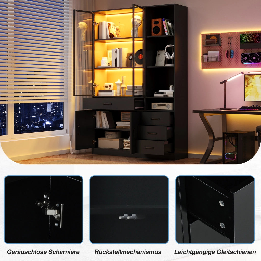 ARMADIO Vetrina con LED 120x35x200 cm in pannello di legno e vetro Nero